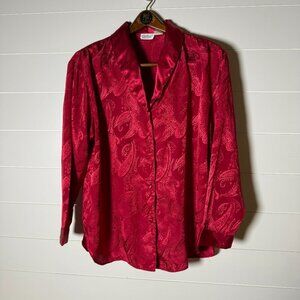 Kathryn Satin Red Paisley Button Top, Plain Bottoms Pajama Set Size Large